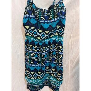 Bebe Aztec Print Mini Dress Spaghetti Straps Zipper Back Blue Yellow L
